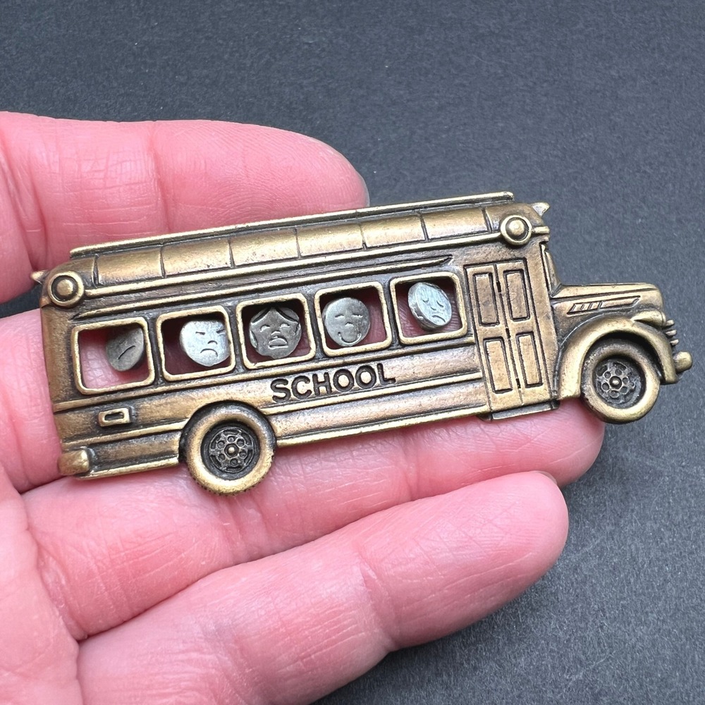 Vintage Brooch Kids on School Bus Signed JJ Jonette
